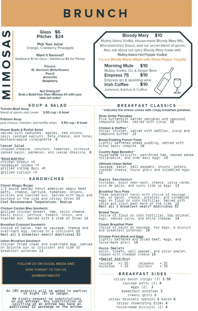 URBAN TABLE MENU