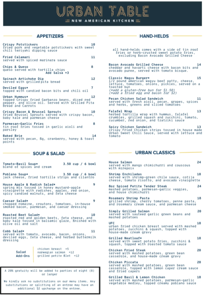 URBAN TABLE MENU