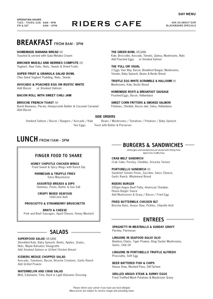 Riders Café menu