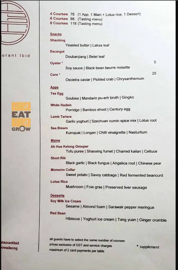 Restaurant Ibid menu Singapore 