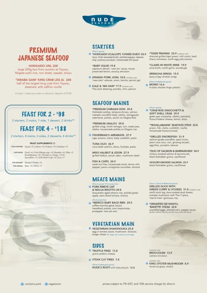 NUDE SEAFOOD MENU SINGAPORE prices